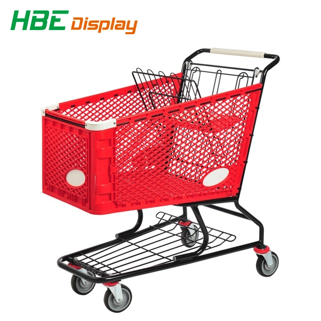 Supermarket Grocery Plastic Hand Push Trolley Shopping Cart with Plastic Basket