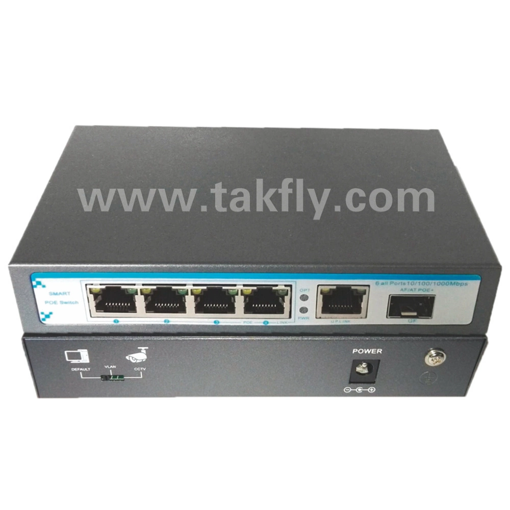 Switch PoE de rede CCTV de 4 portas com 1 RJ45 e. 1 uplink de fibra SFP