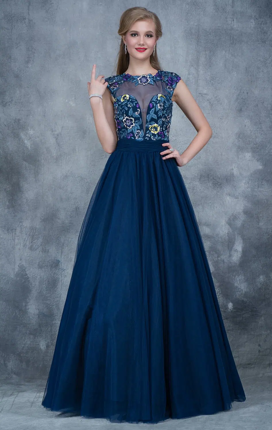 Cap Sleeves Party Fashion Dress Navy Tulle Evening Prom Dresses Z5028