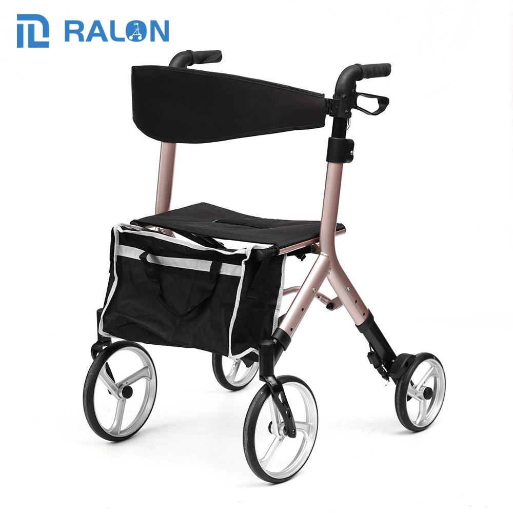 Elderly Indoor Manual Aluminum Rollater Custom Logo Lightweight Mobility Four Wheel Rollator with Seat