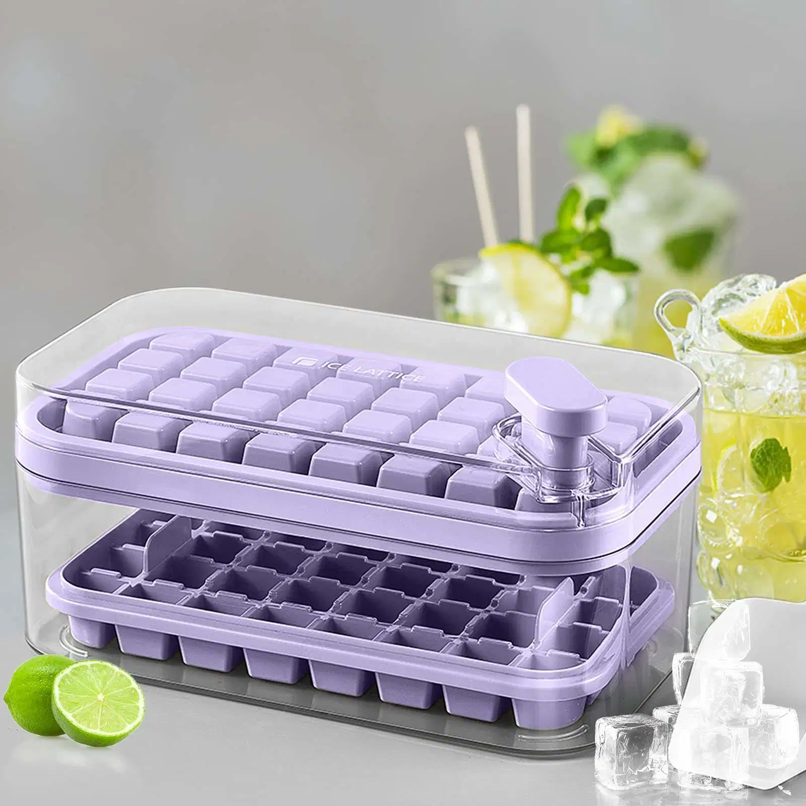 Lid and Bin Square Ice Cubes Molds Storage Box Ice Maker Trays