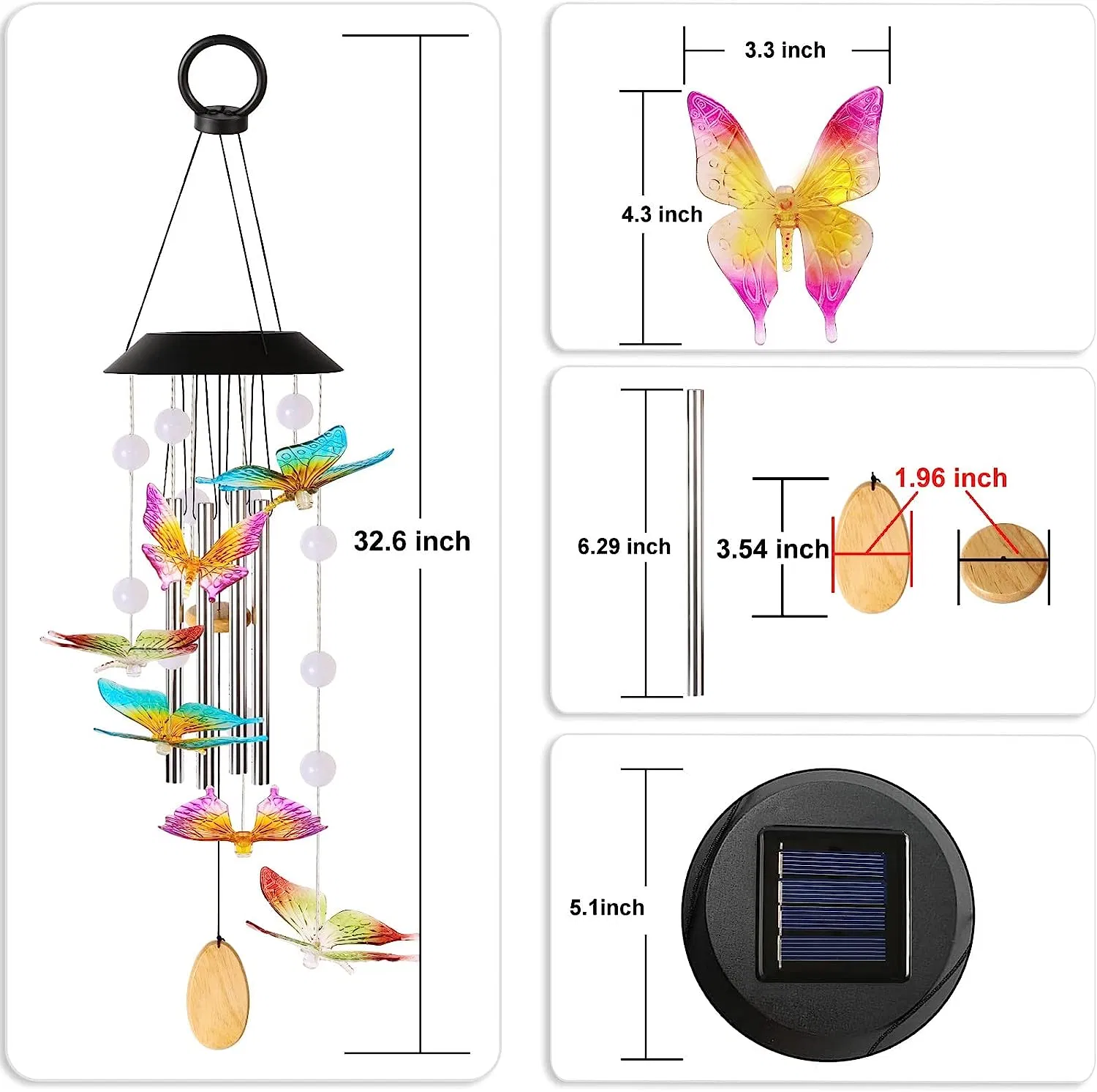 Wind Chimes, Home Decoration Solar Wind Chime 6 Butterfly 4 Music Aluminum Tubes 15 LED Balls Outdoor Waterproof LED Wind Chime, Gifts for Birthday Night Part