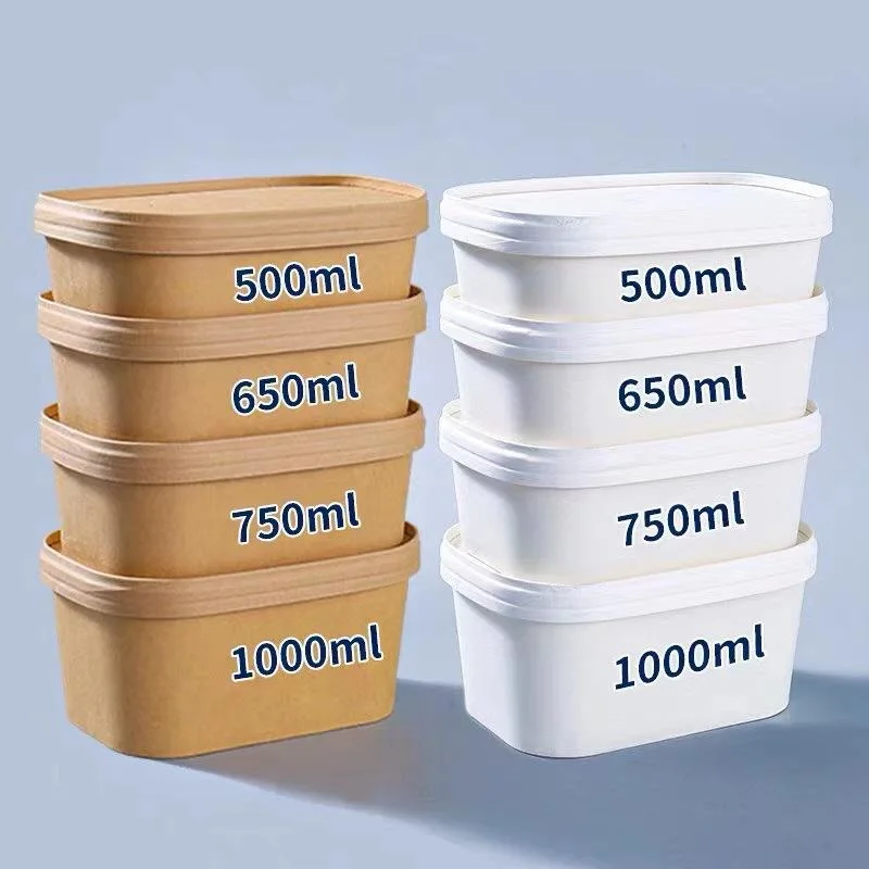 Disposable Safe Microwave Craft Leakproof Hard Paper Food Packaging Containers Delivery Box Rectangle Paper Bowl with Lids