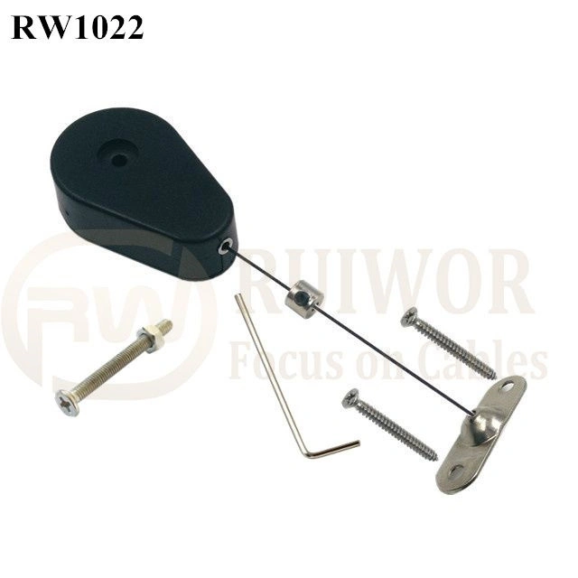 Drop-Shaped Retractable Security Tether Plus Two Screw Perforated Oval Metal Plate Connector Installed