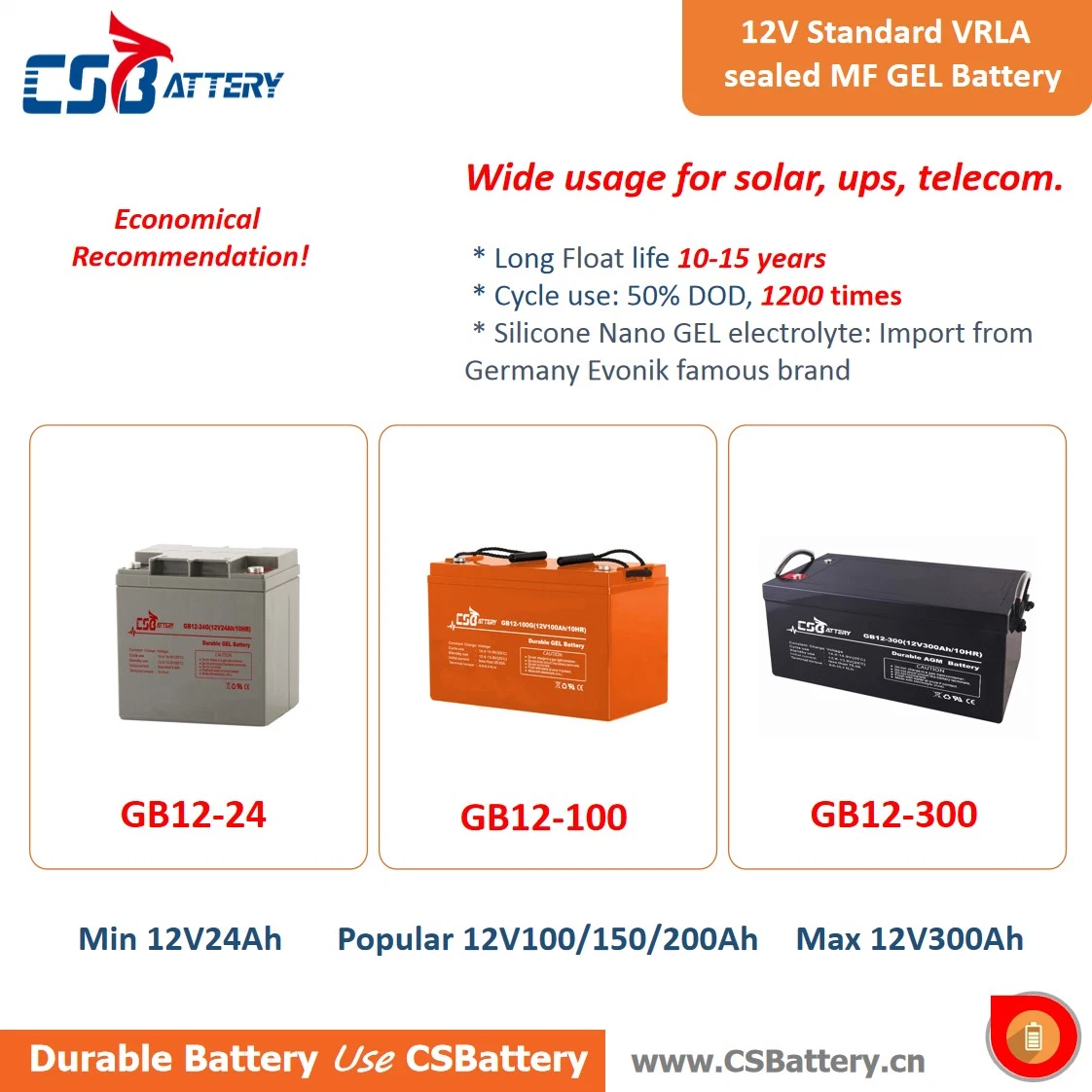 Csbattery 12V80Ah bateria eléctrica de ciclo profundo de la batería de gel para Grid-System/Solar-System/Telecomunicaciones/Ada