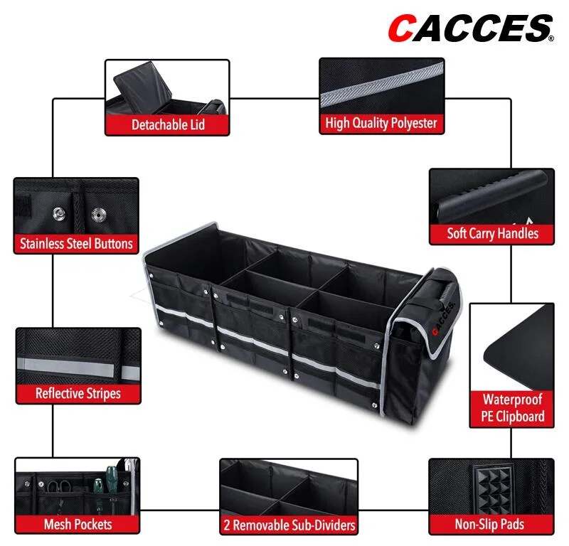 Cacces Car Boot Organiser, Car Boot Tidy, Car Boot Storage, Collapsible Multi 3 Compartment Car Organiser, Non Slip Bottom Adjustable Securing Strap, Ice Cooler