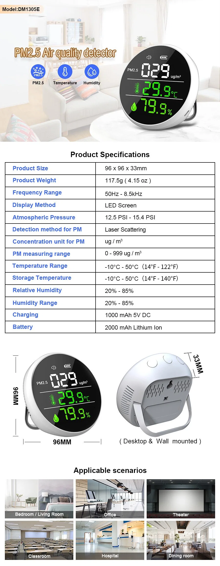 Monitor de calidad del aire Dm1305e 3 en 1 con sensores de temperatura y de zumbido PM2,5 y pantalla LCD