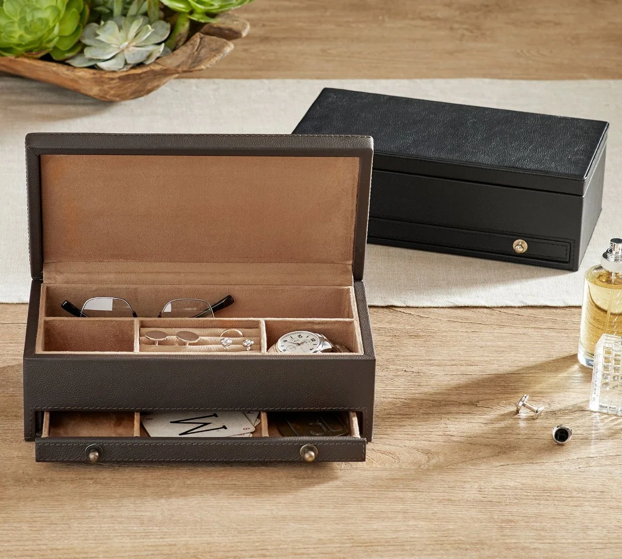 Logótipo personalizado Luxo Popular Madeira Jóias caixa de embalagem couro de madeira Com caixa de jóias de armazenamento de gavetas em Stock fabricante FOB Preço