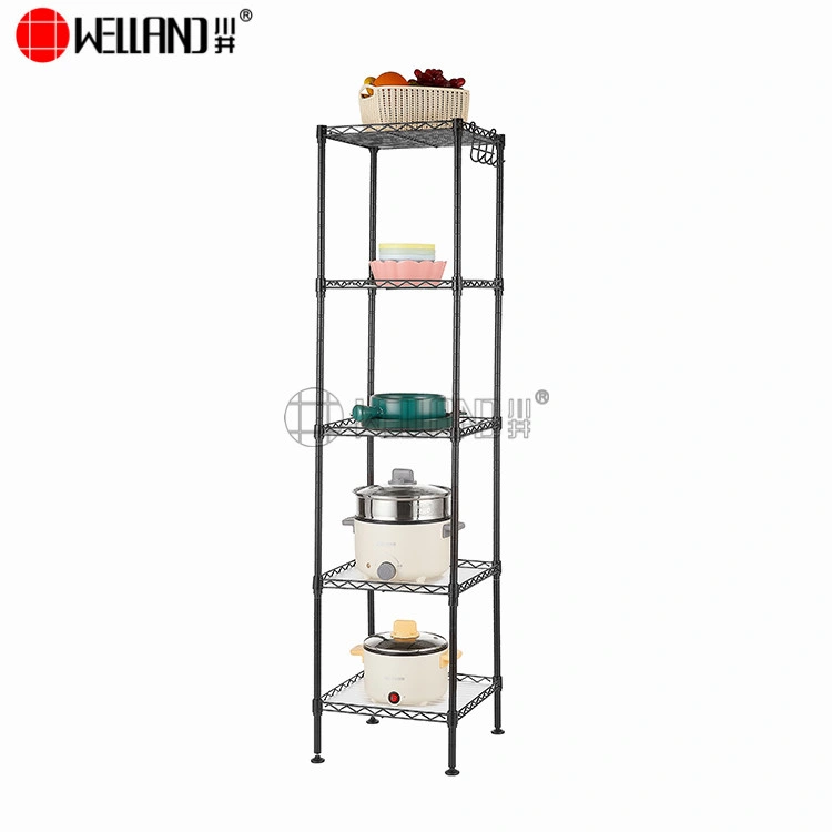 3/ 4/ 5 Layers Black Powder Coated Metal Square Wire Shelving Solution with Hooks