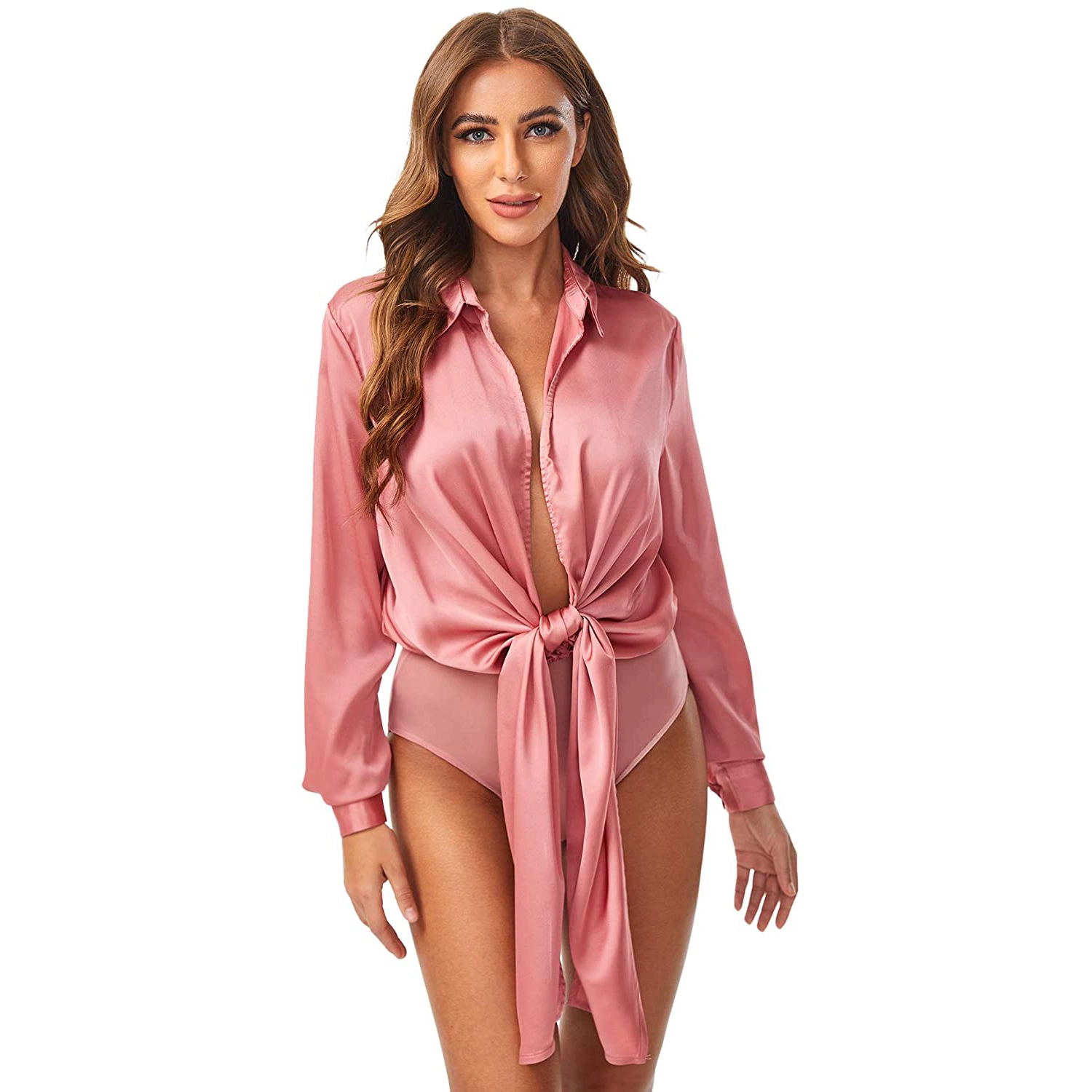 Women Bow Tie Satin Bodysuit Plunging Neck Sexy Long Sleeve Blouse Top Apparel