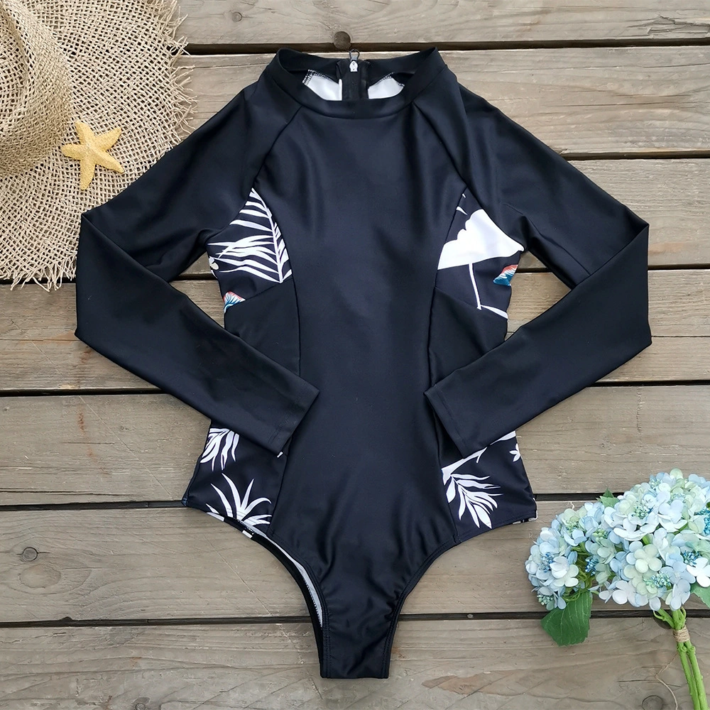 Long Sleeve 1 Piece Swimsuit Women Zipper Sports Beach Swimwear