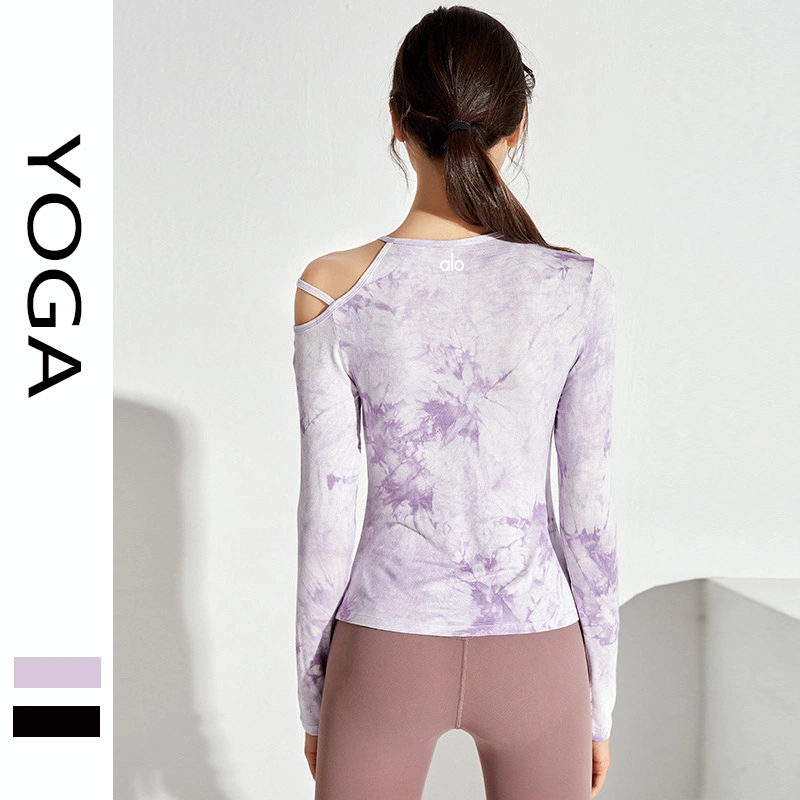 Yoga Long-Sleeved Autumn and Winter Mercerized Cotton Sports Tie-Dye Fitness T Shirt off-The-Shoulder Long-Sleeved Running Quick-Drying Top Yoga Wear