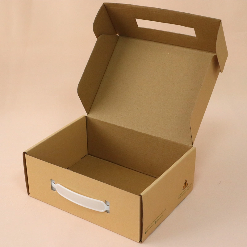 Boîte d'emballage en papier kraft brun de qualité alimentaire imprimée sur mesure avec poignée découpée pour le transport en carton plat en gros.