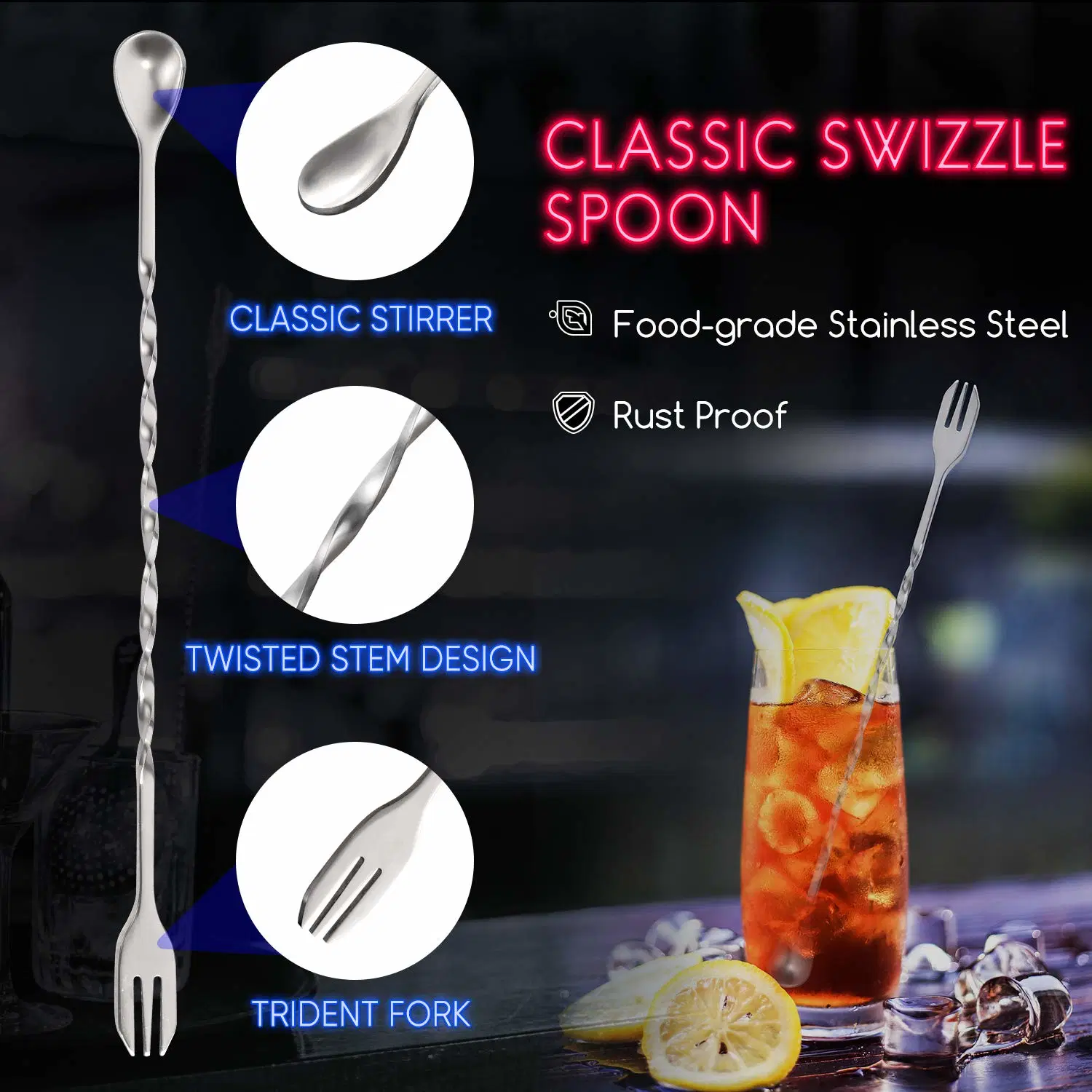 10 Inch Stainless Steel Cocktail Muddler Mixing Spoon Set Create Drinks Muddler