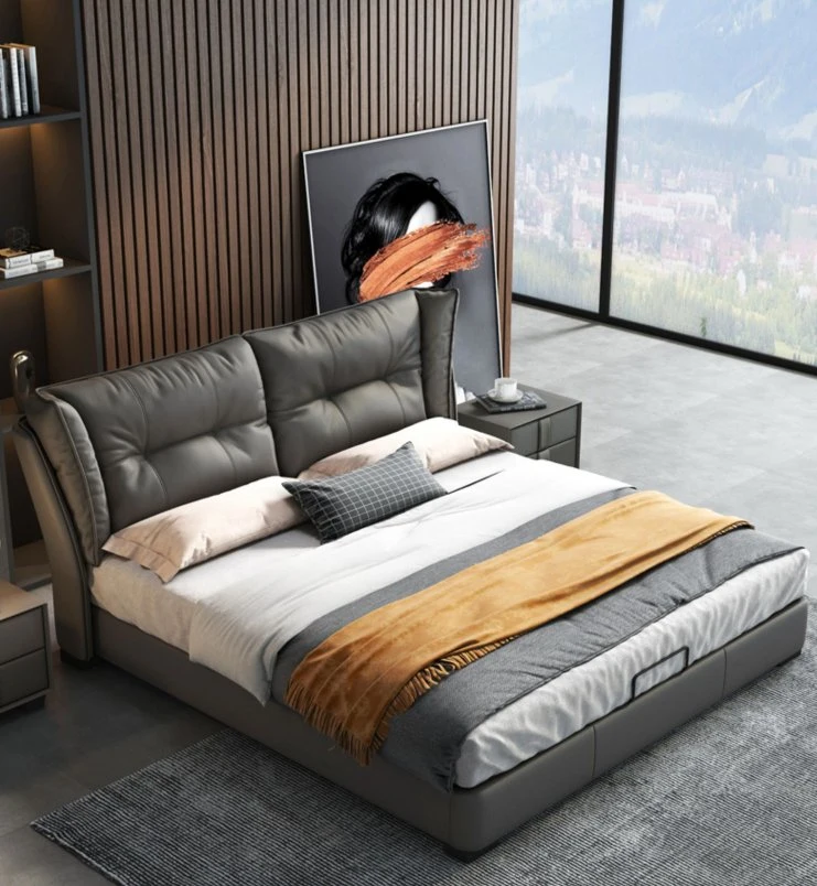 غرفة نوم رئيسية حديثة بسيطة مع سرير جلدي فخم 1.8 متر إيطالي سرير زفاف من الجلد 1.5 متر مزدوج