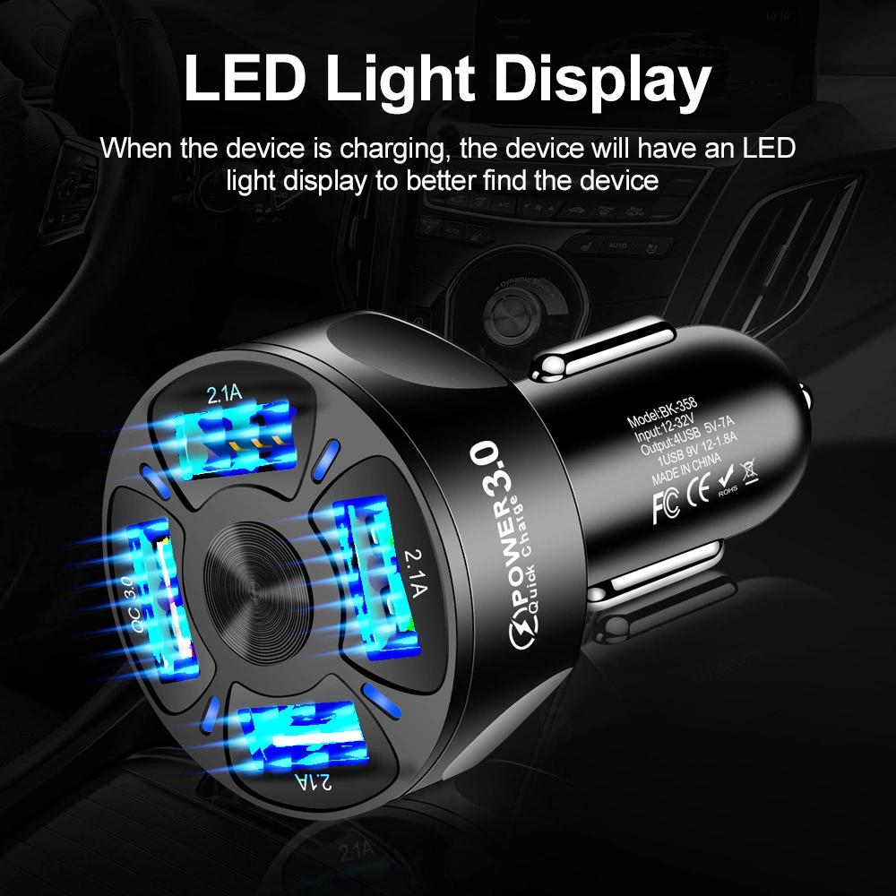 Alimentation électrique en gros 35W Adaptateur de chargeur de voiture QC3.0 Lumière LED Chargeur de voiture USB 4 ports