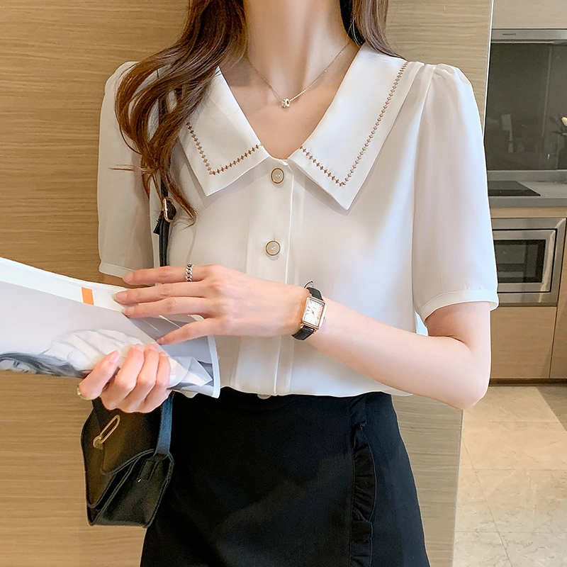 Blusas Blouses Femme Tops Women Turn Down Collar 2022 Summer White Blouse Short Sleeve Chiffon Blouse Shirt