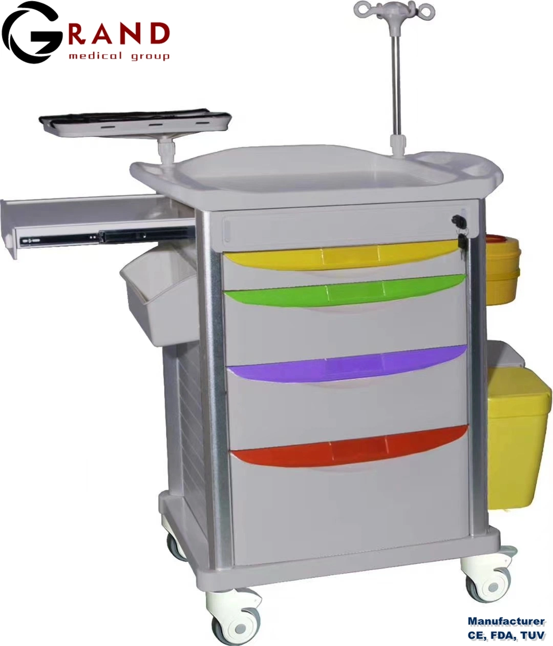 New Durable ABS Emergency Hospital Medical Cart Mobile Trolley for Sale Hospital Emergency Medicine ABS Instrument Trolley with Infusion Stand