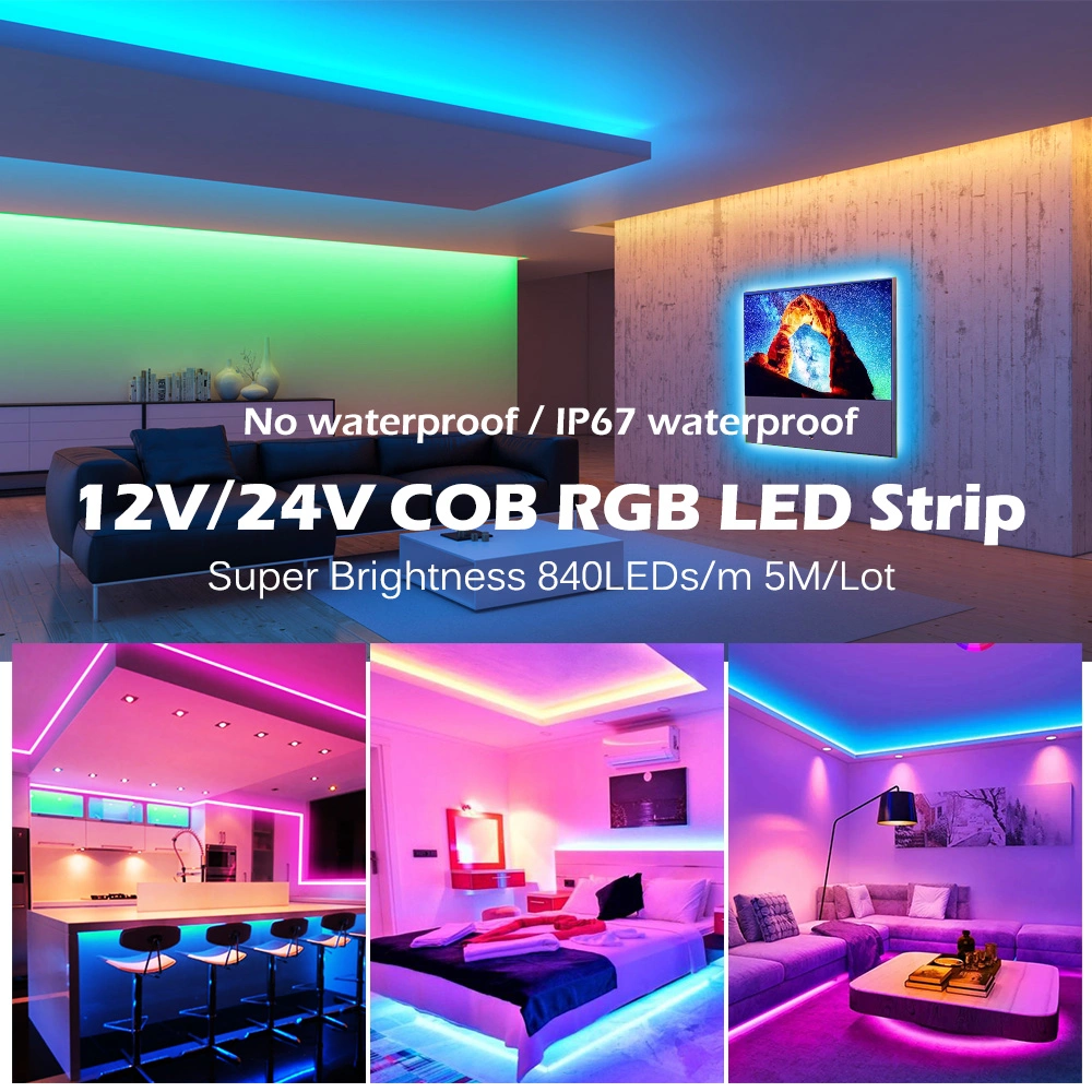 RGB COB LED Strip 576/756/768/784/840 LEDs 10mm DC12V 24V High Density Flexible IP67 Waterprof Super Brightness 5m/Lot