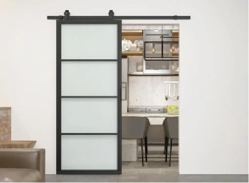 Black Iron Frame Loft Doors Carbon Steel Frosted Glass Sliding Barn Door