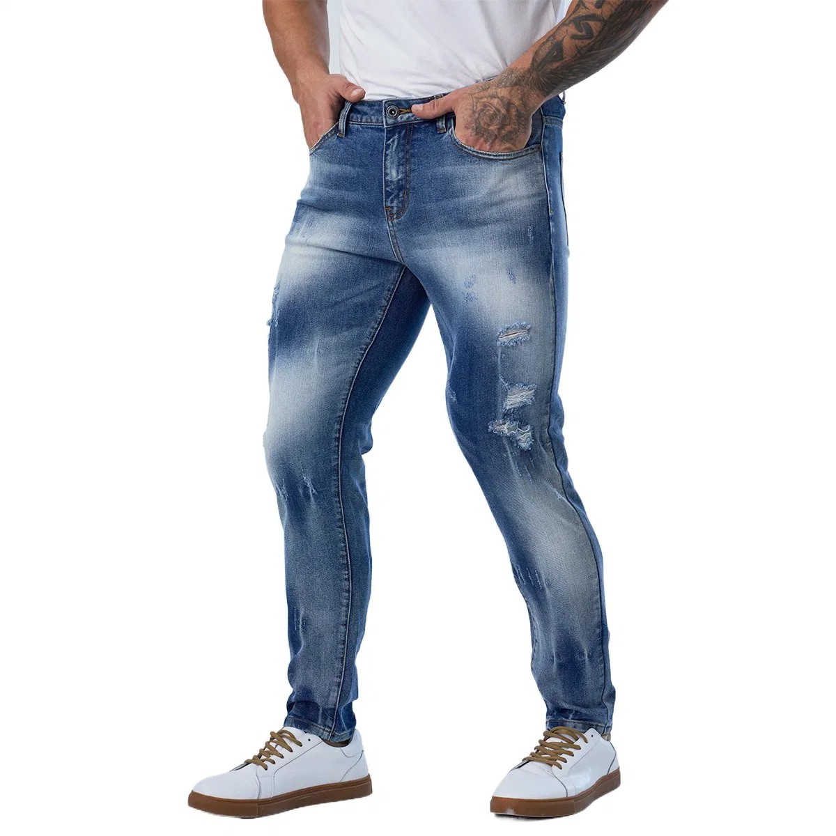 Custom Fashionable Medium Blue Ripped Designer Mens Skinny Jeans