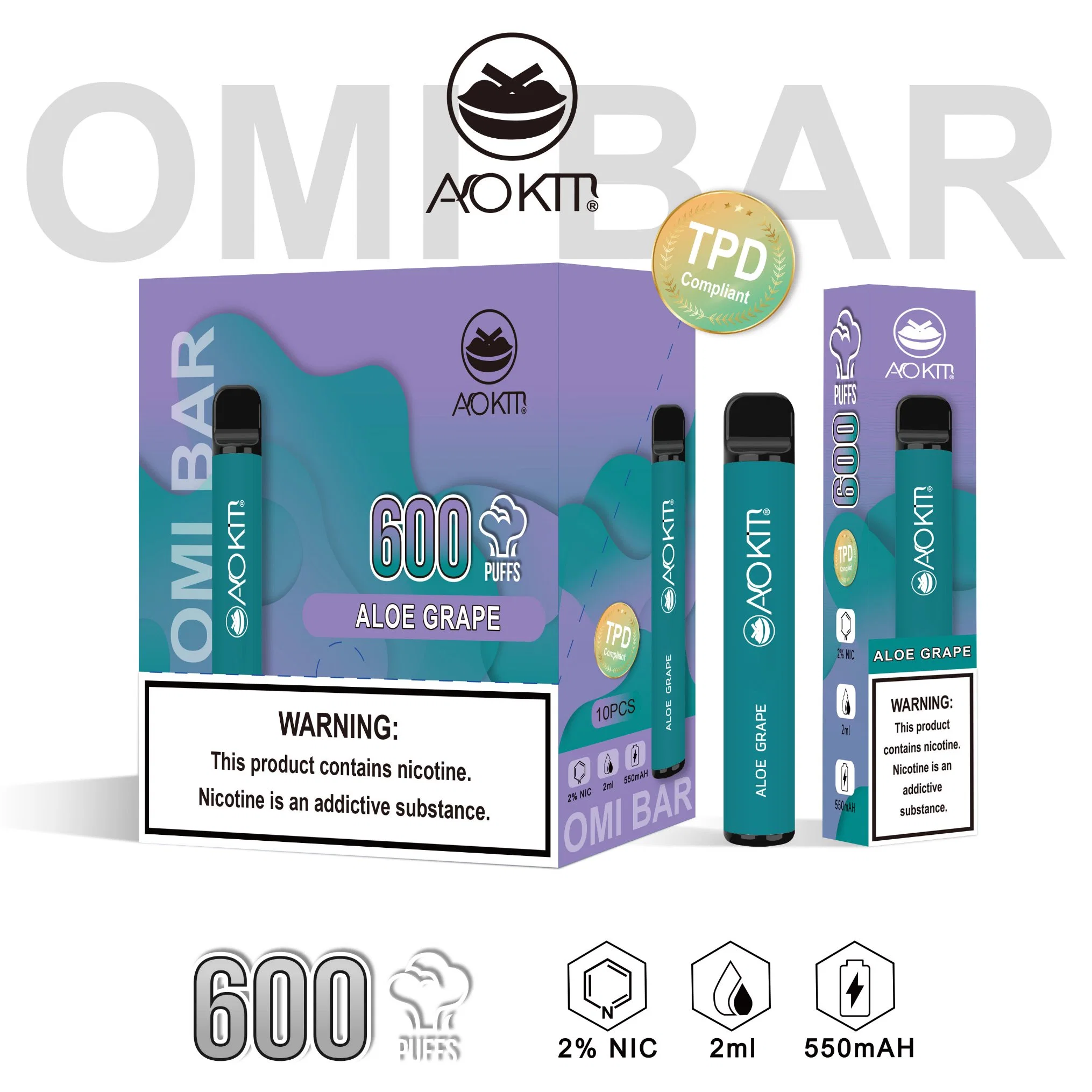 E-pipe Aokit 600 fuff cigarette électronique avec OEM/ODM d'origine DPT Pot de cartomizer jetable en gros Ecog Factory