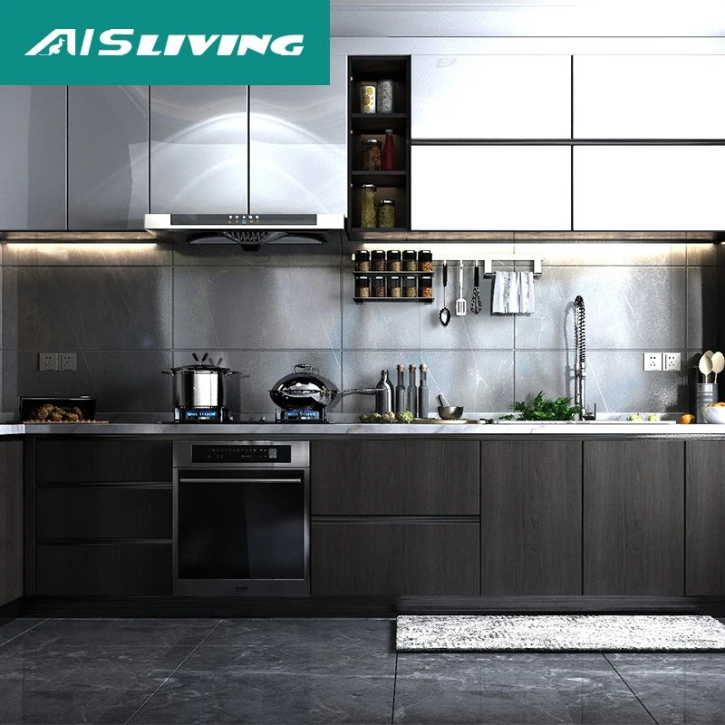 Complete Customers Contemporary Designs Aluminium Italian Units Set Black L Shaped Kitchen Cabinets Furniture Ready to Assemble