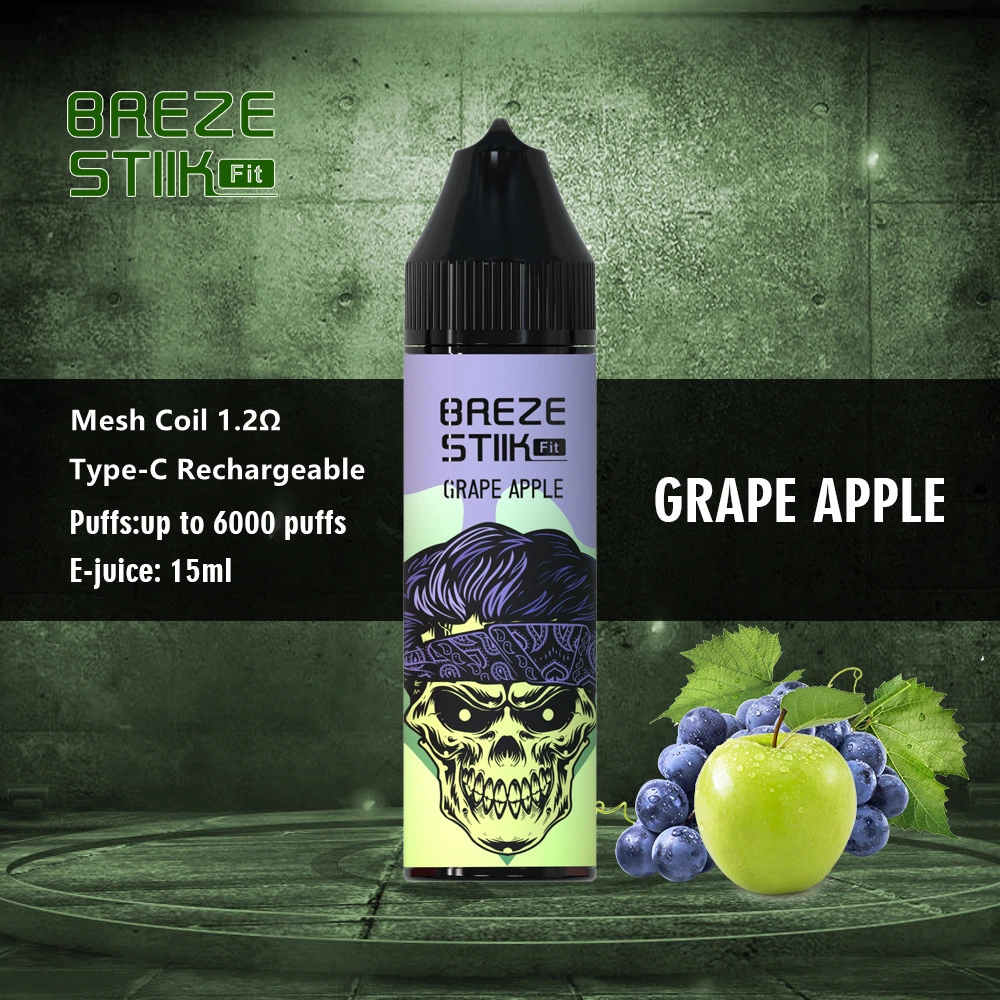 Breze Stiik Fit 6000 Puffs 15ml capacidad 6000 Puffs 500mAh Batería recargable Tipo C Puerto 12 colores varios sabores jugosos E VAPE desechable para cigarrillos