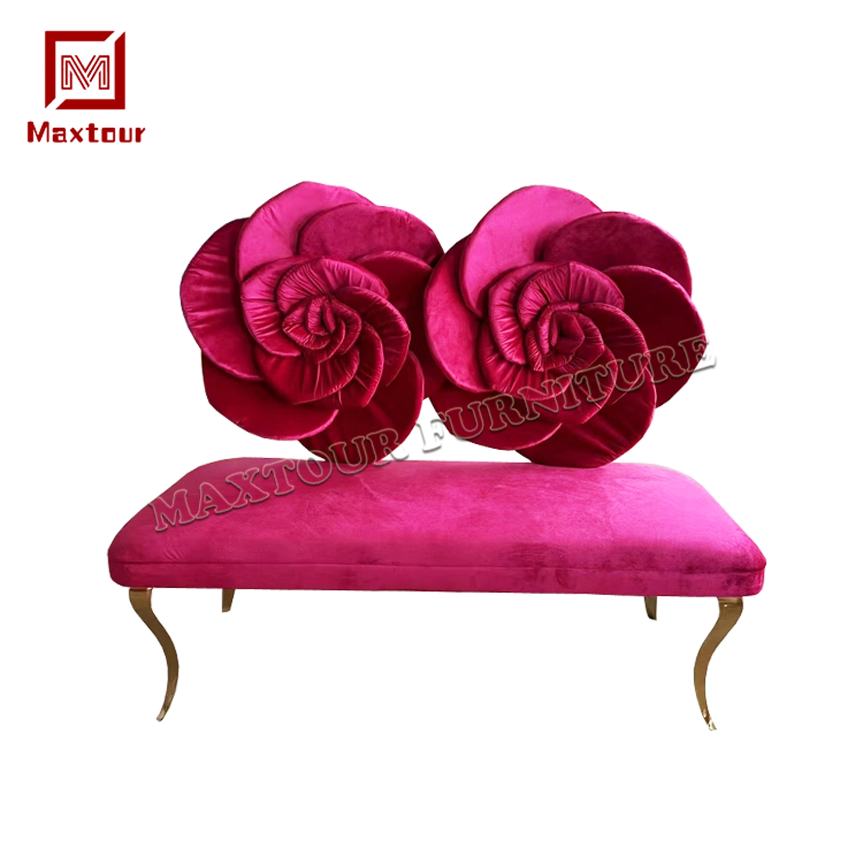 Double Seat Wedding Sofa Set Velvet Fabric Upholstered Flower Back Sofa Wedding Couch Event Rose Sofa