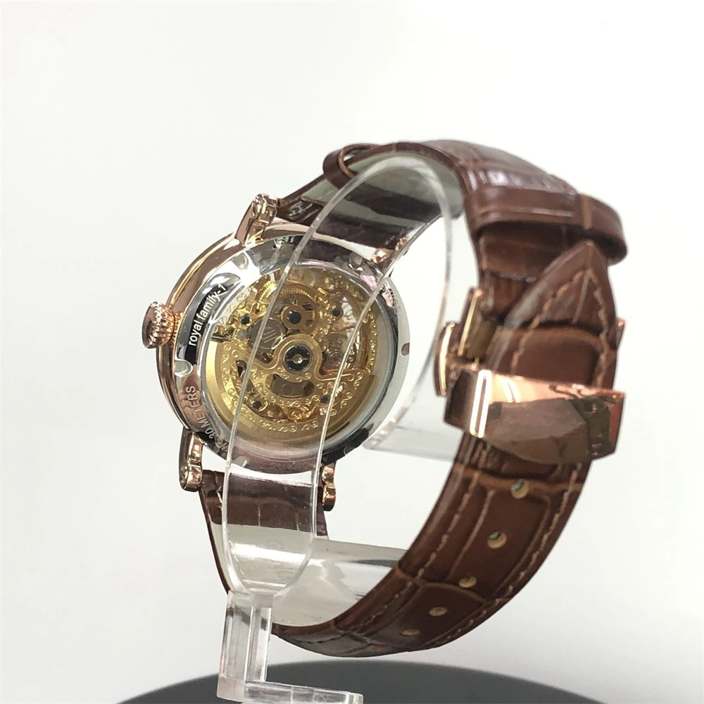 Bewell mayorista Diamante de alta calidad mecánica de aleación de zinc Mens relojes de oro Logotipo personalizado Correa de piel auténtica para los hombres reloj automático