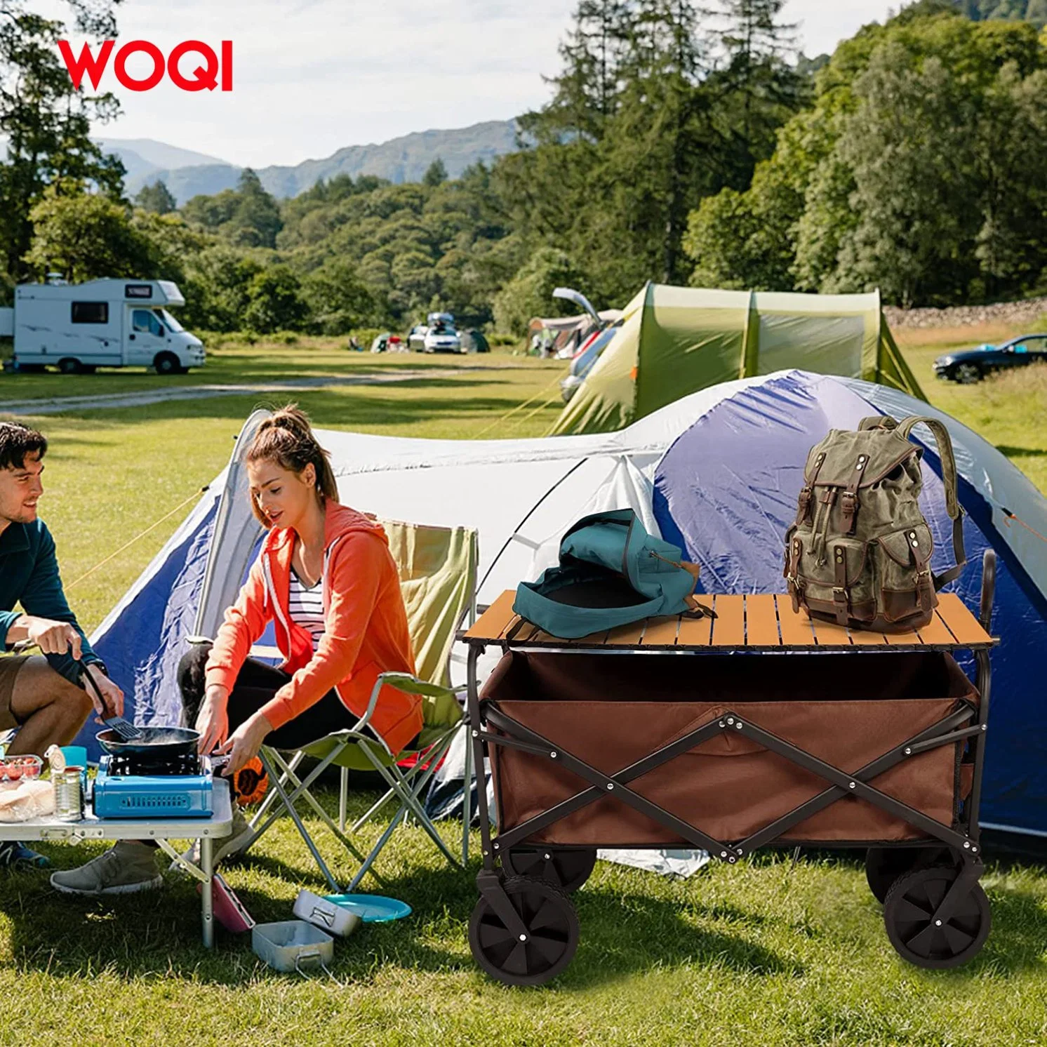 Chariot pliable portable multifonctionnel Woqi, chariot de camping extérieur, chariot de magasinage pour gros articles