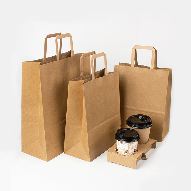 Custom Printed Logo Brown Kraft Paper Bag Packaging Restaurant Food Coffee Cup Takeout Takeaway Bags Paper