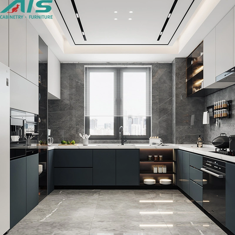 مجموعة أثاث جاهزة للمطبخ من AIS Modern European Design U Shape Grey Lacquer Cupboards Kitchen Cabinets للشقة الصغيرة بالجملة مطابخ جاهزة.