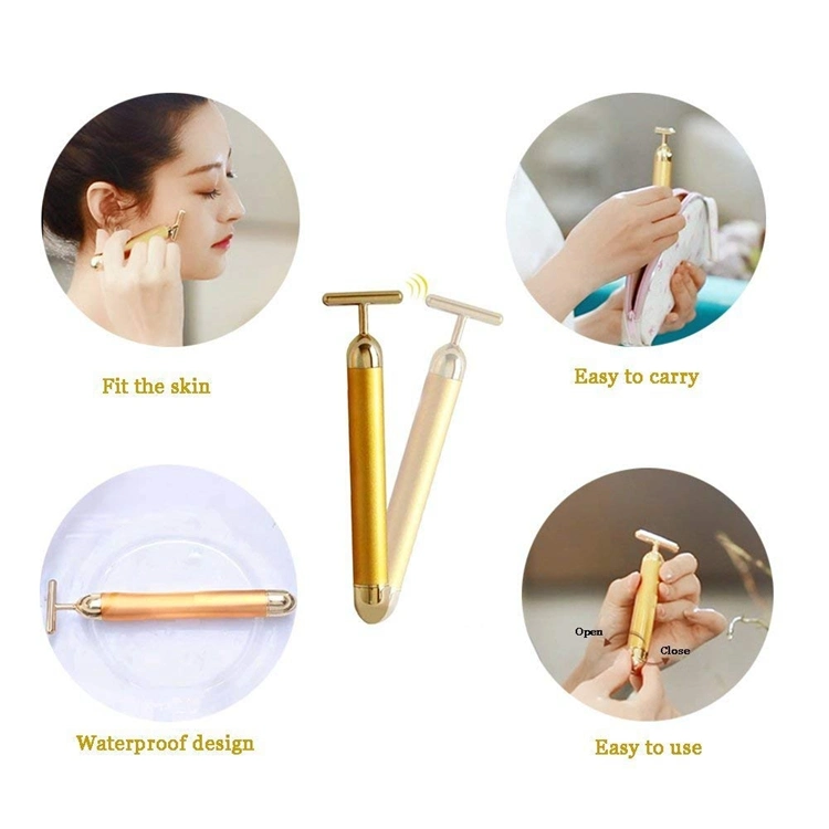 2021 24K Gold Energy Beauty Bar Vibrating Facial Lifting Skin Care T Shape Electric Face Massager