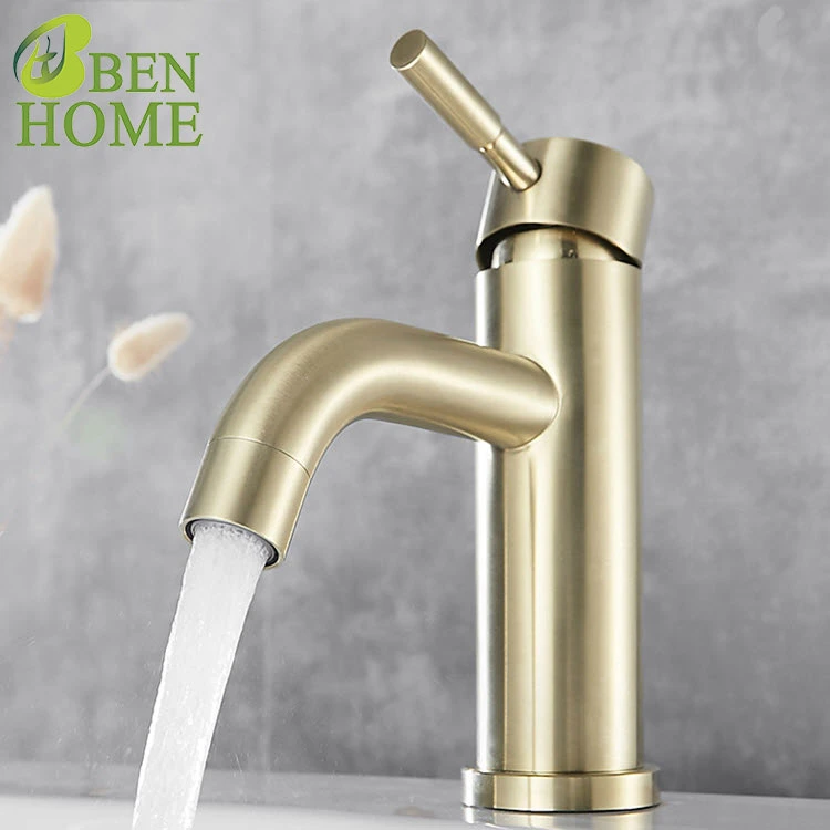 Gold Single Handle Hot and Cold Mixing Stainless Steel Brushed Traditional Cheap Decore Basin Faucet