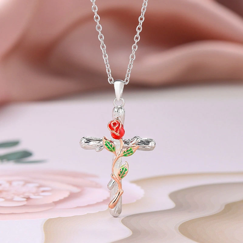 New Arrival Rose Wrapped Cross Pendant Necklace Creative Stainless Steel Drip Oil Clavicle Chain Women&prime; S Accessories