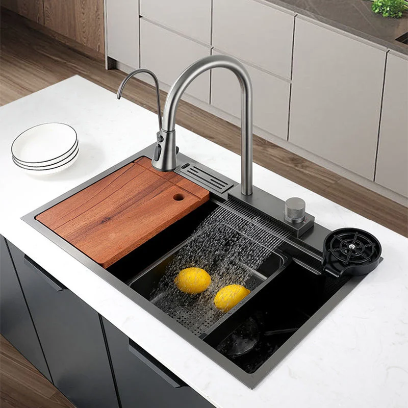 Luxury Modern Draining Single Bowl 304 Stainless Steel Multifunction Kitchen Sink Black Waterfall Faucet Kitchen Sinkspopular