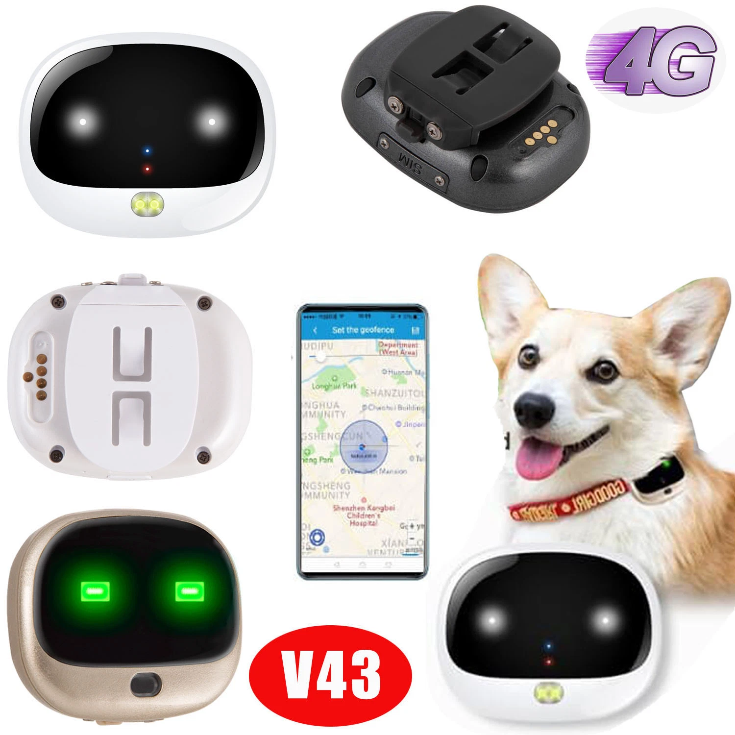 China Factory Supply 4G LTE Waterproof IP67 seguridad GPS mascotas Dispositivo de seguimiento con luz LED inteligente V43