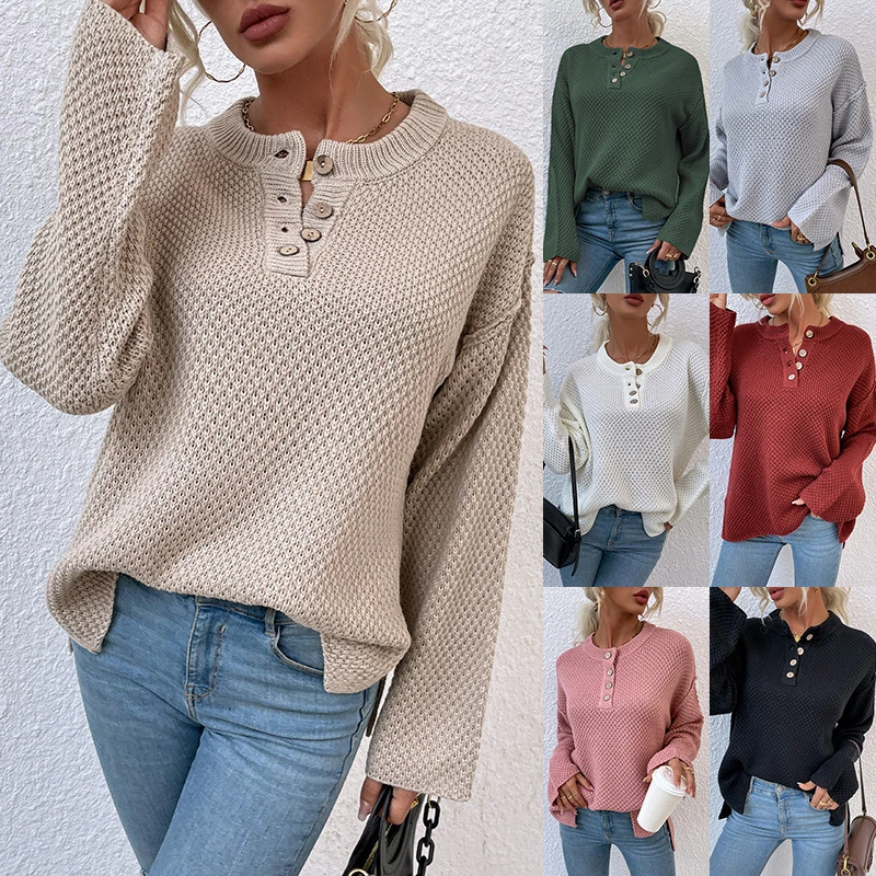 Round Neck Chest Button Cardigan Women Autumn and Winter New Split Knitted Sweater