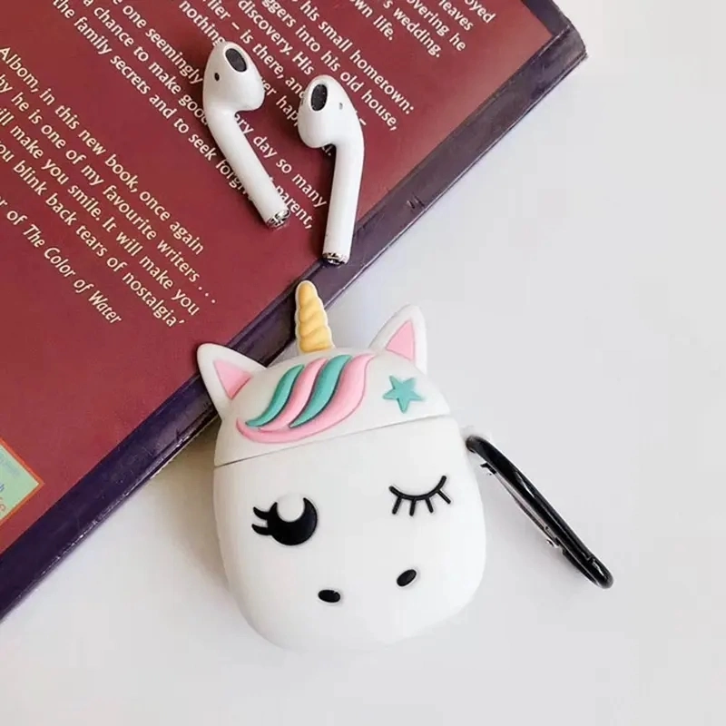 Cute Silicone Case for Airpod 1 2 3D Cute Unicorn White Cartoon Protective Earphone Case for Air Pod Cover Bag with Carabiner