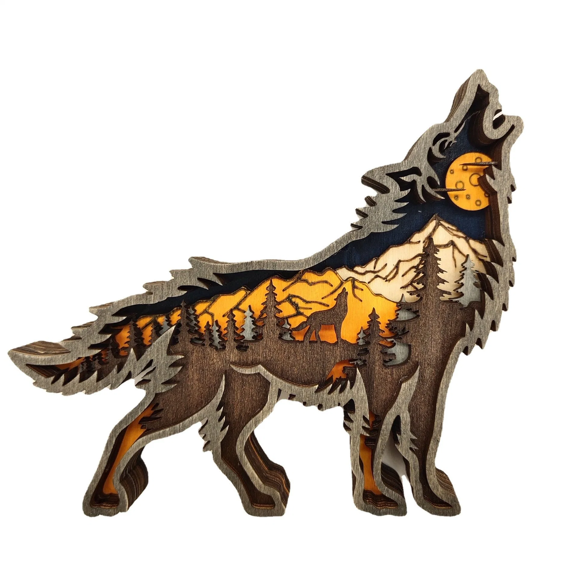 Factory 3D Hollow Wooden Wolf Decoration Painted Carved Landscape Creative Home Wall Art Decor Crafts