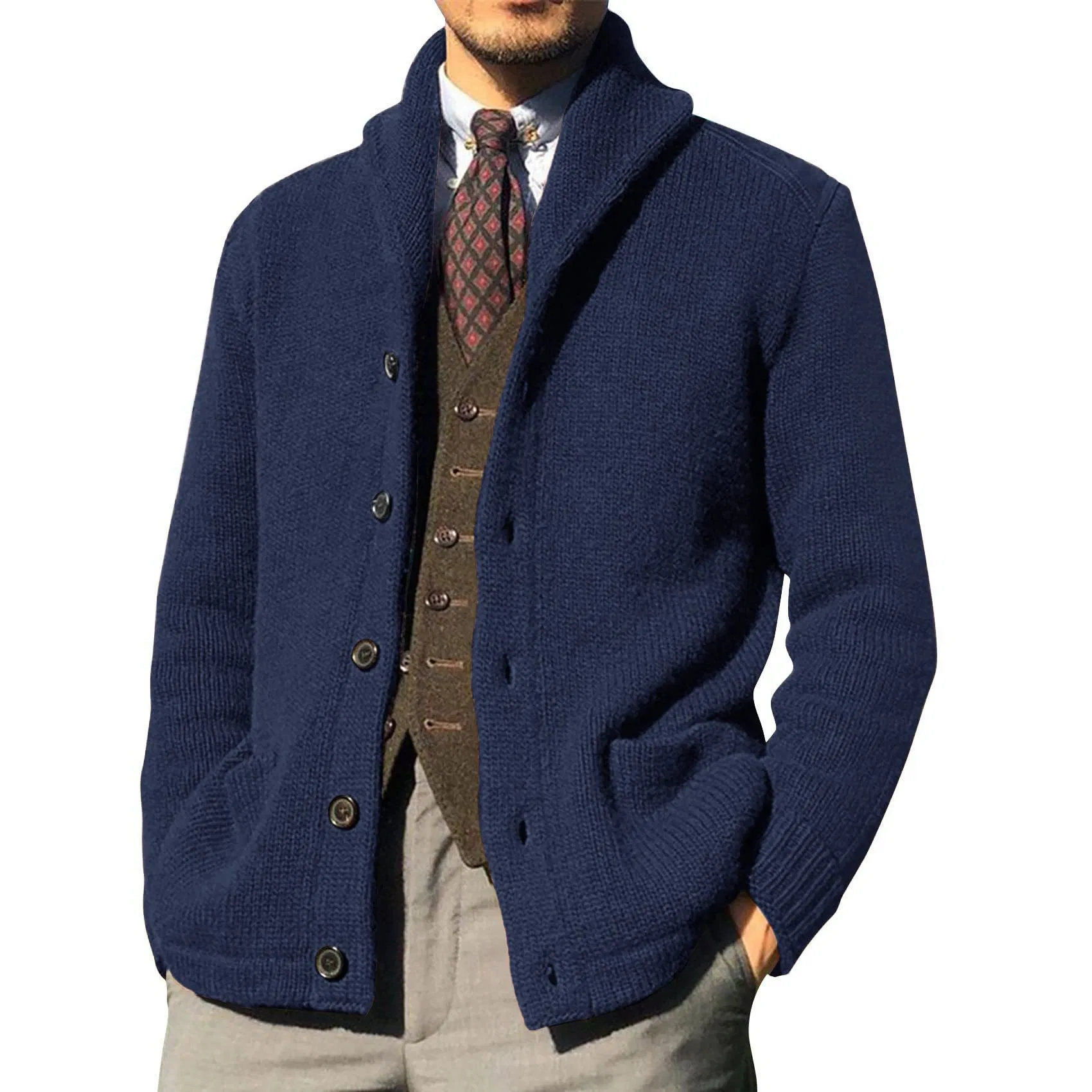 Men's Single Breasted Button Knitted Cardigan Winter Stand Collar British Style Sweater Coats