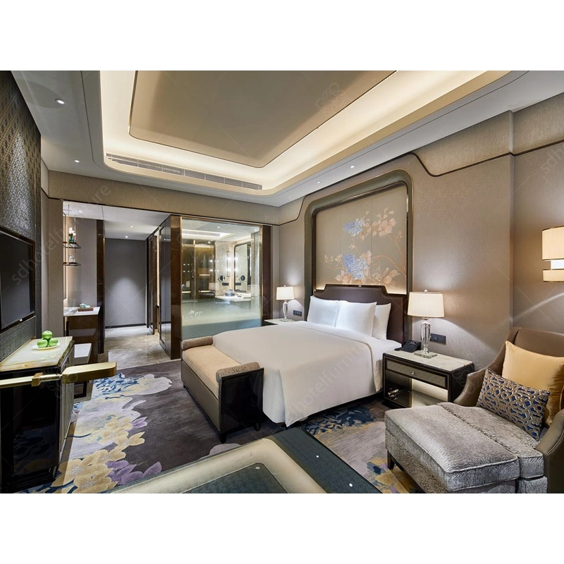 Muebles de dormitorio de lujo para hoteles, fabricados a medida en una fábrica china, proveedor de juegos de habitaciones de hotel de 5 estrellas
