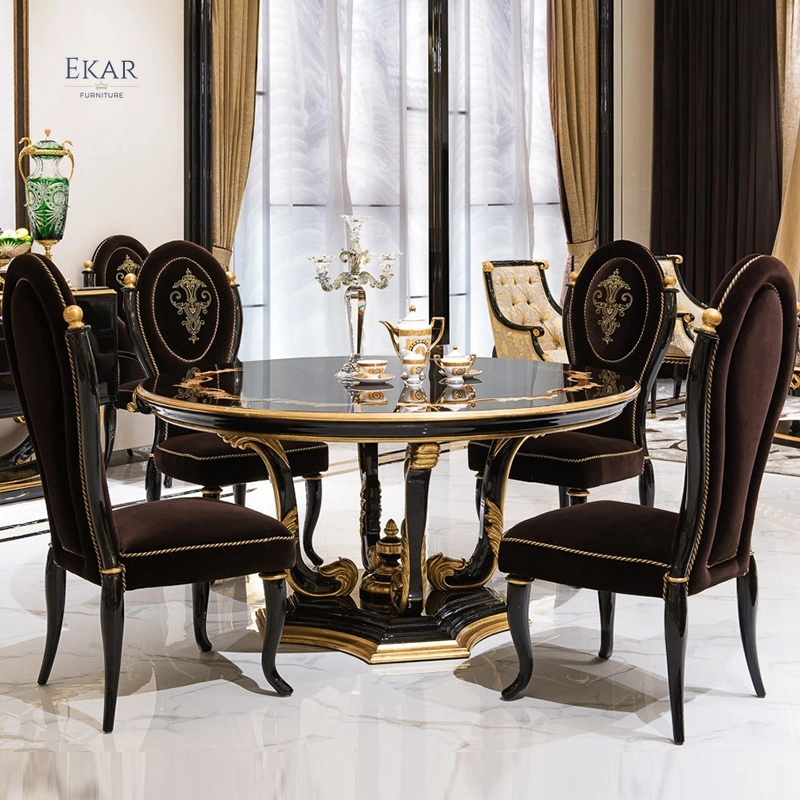 Mesa de comedor redonda de madera tallada a mano de lujo de alta gama de Ekar Furniture, juego de mesa de comedor clásica negra de 8 plazas