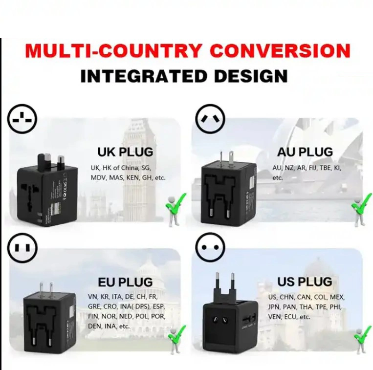 Adaptador universal para viagem universal tudo-em-um alimentação CA de parede Carregador de parede com adaptador de ficha e portas de carregamento USB duplas para Portátil de telemóvel Aus EUA eu UK Preto