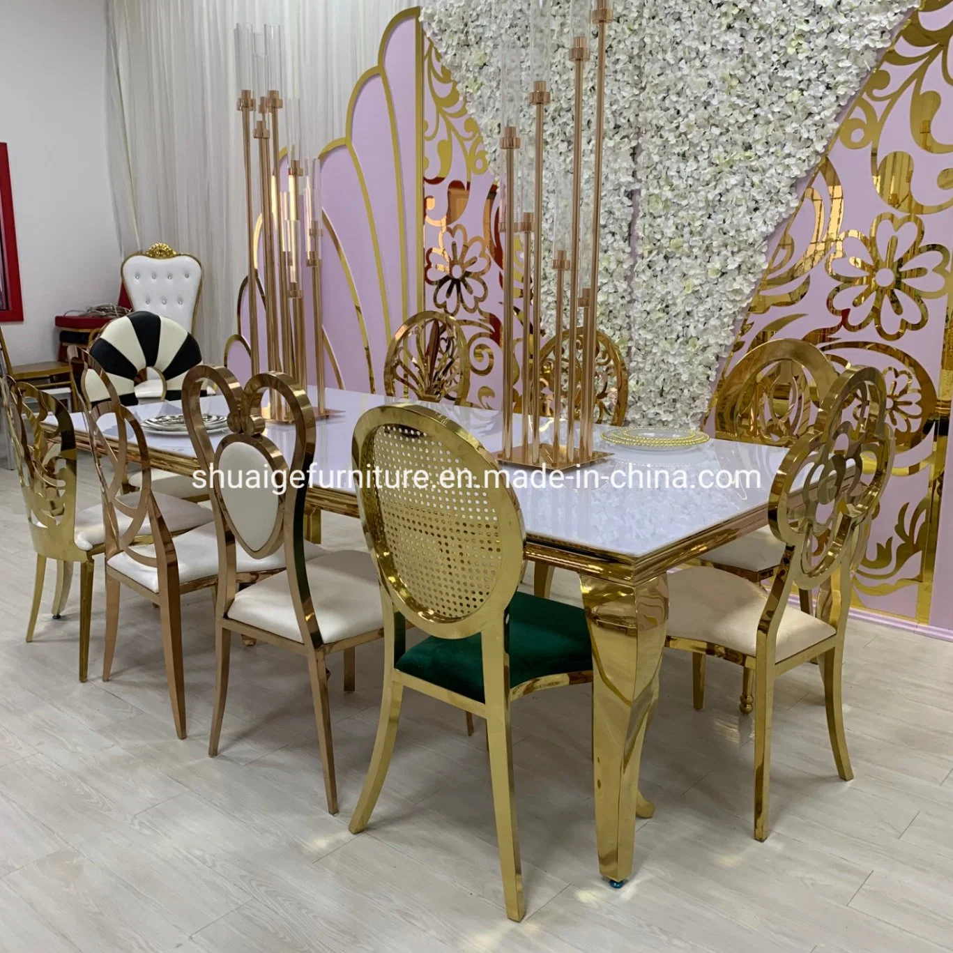 Modern Event Furniture White Glass Gold Stainless Steel Gold Wedding Tables