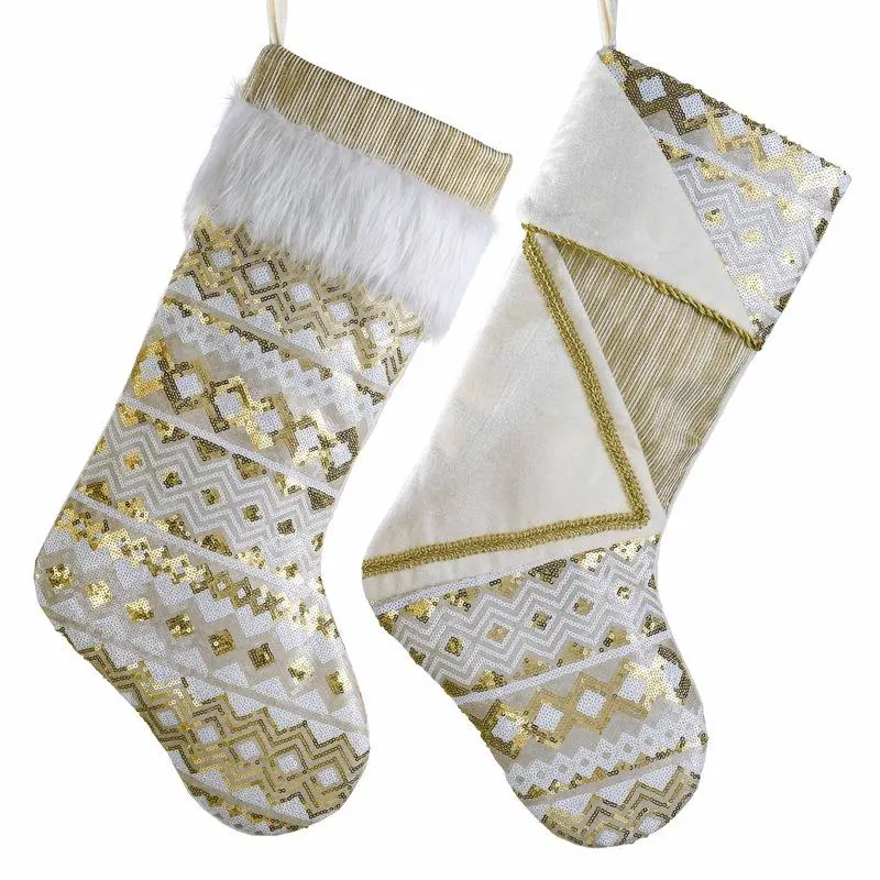 Felt Sequin Xmas Sock Kids Custom Velvet Embroidery Gold White Christmas Stocking