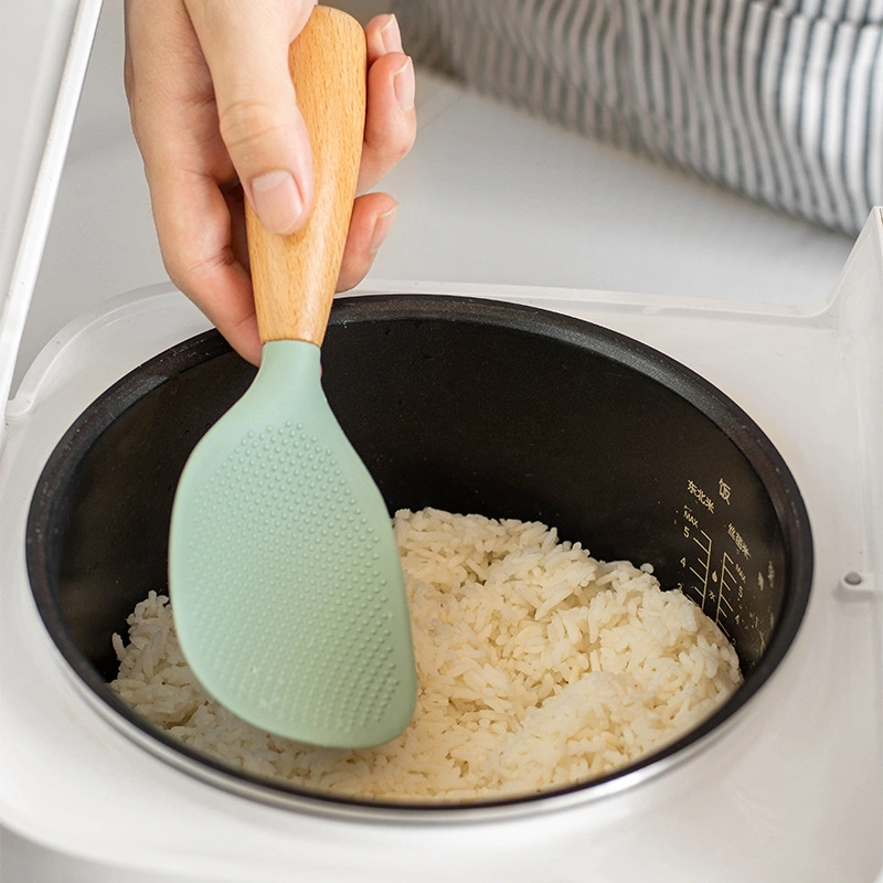 Creative Vertical High Temperature Resistant Silicone Rice Wood Handle Non-Stick Rice Spoon