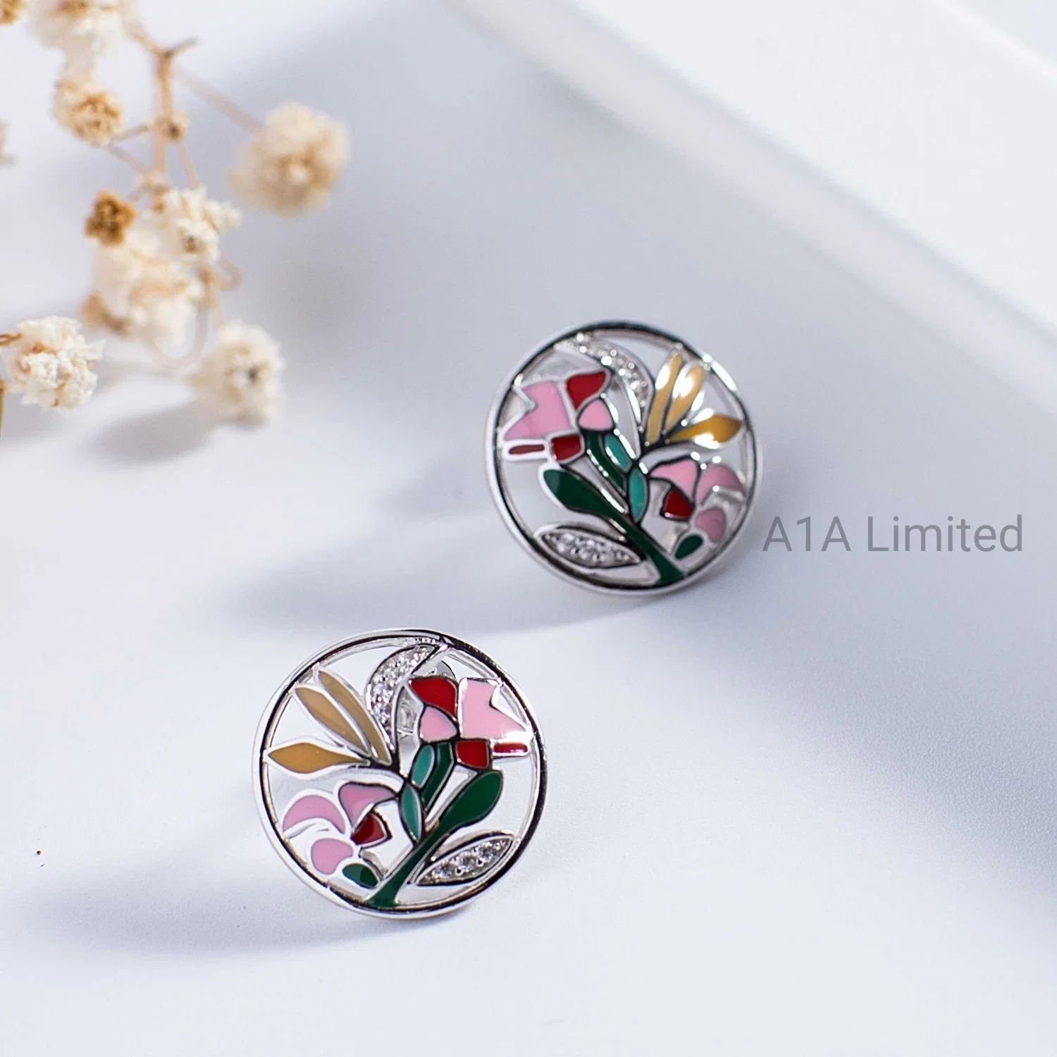 Multi Color New Fashion Flower Design Stud Earrings with Cubic Zircon for Lady 925 Sterling Silver Jwelry