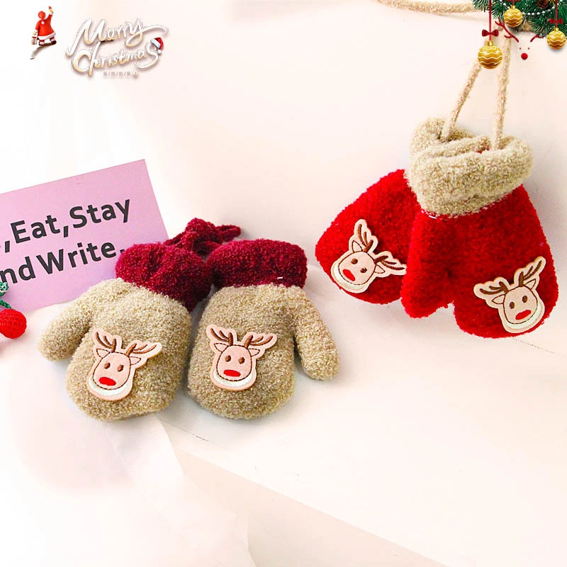 Winter New Cartoon Christmas Wind Deer Children's Rocking Velvet Thickened Baby Hanging Neck Warm Gloves